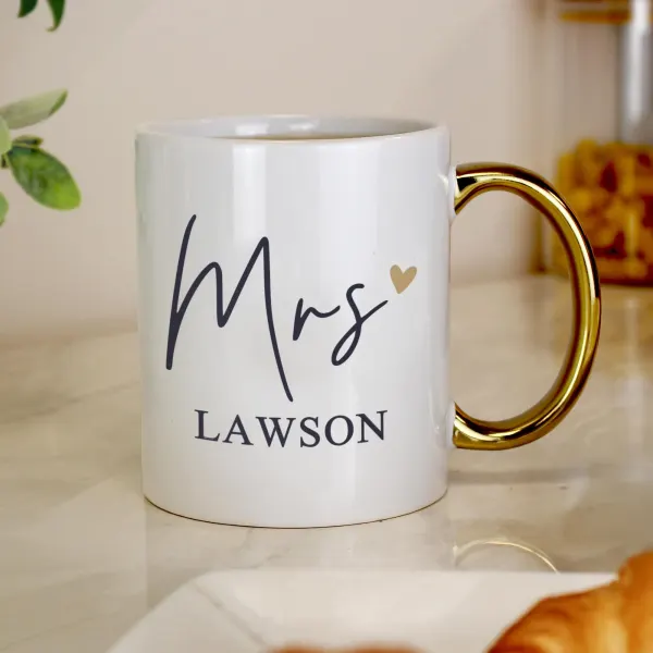 Personalised Mrs Gold Handle Mug, Custom Name Ceramic Cup, Bride or Wife Wedding Gift