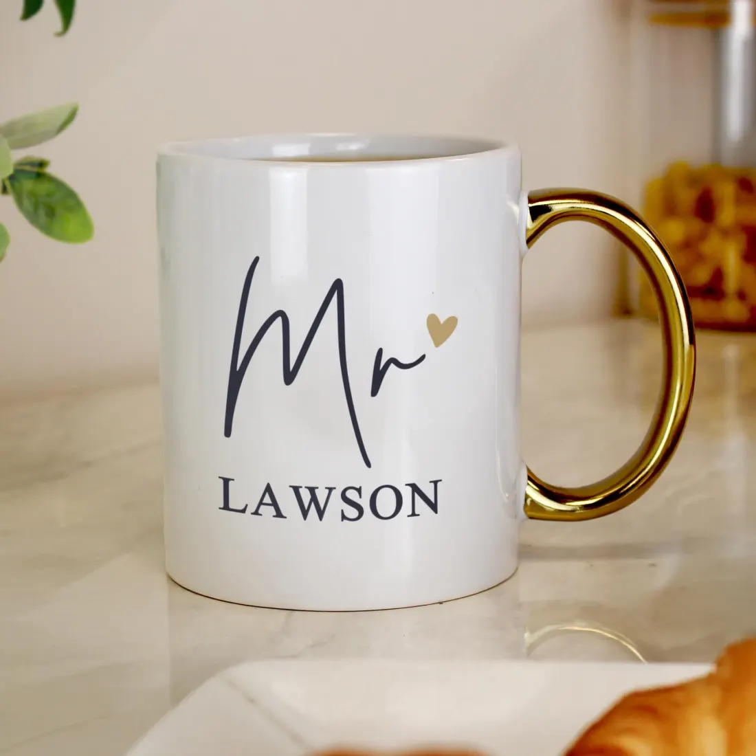 Personalised Mrs Gold Handle Mug, Custom Name Ceramic Cup, Bride or Wife Wedding Gift — photo 3