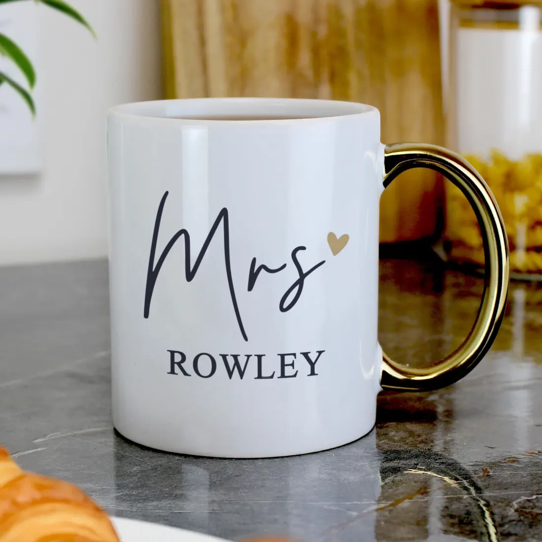 Personalised Mrs Gold Handle Mug, Custom Name Ceramic Cup, Bride or Wife Wedding Gift — photo 6