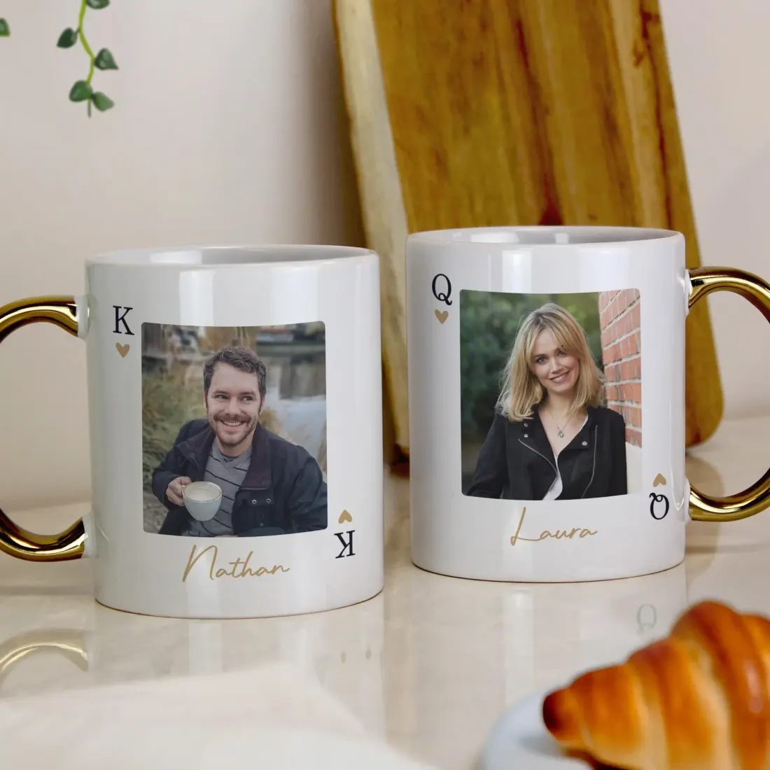 Personalised Photo Upload King and Queen Gold Handle Mug, Custom Playing Card Couple Gift