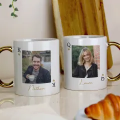 Personalised Photo Upload King and Queen Gold Handle Mug, Custom Playing Card Couple Gift thumbnail 1