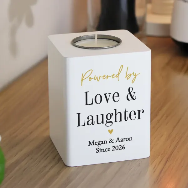 Personalised White Wooden Tealight Holder, Black Gold Design, Custom Text Gift