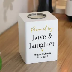 Personalised White Wooden Tealight Holder, Black Gold Design, Custom Text Gift thumbnail 1