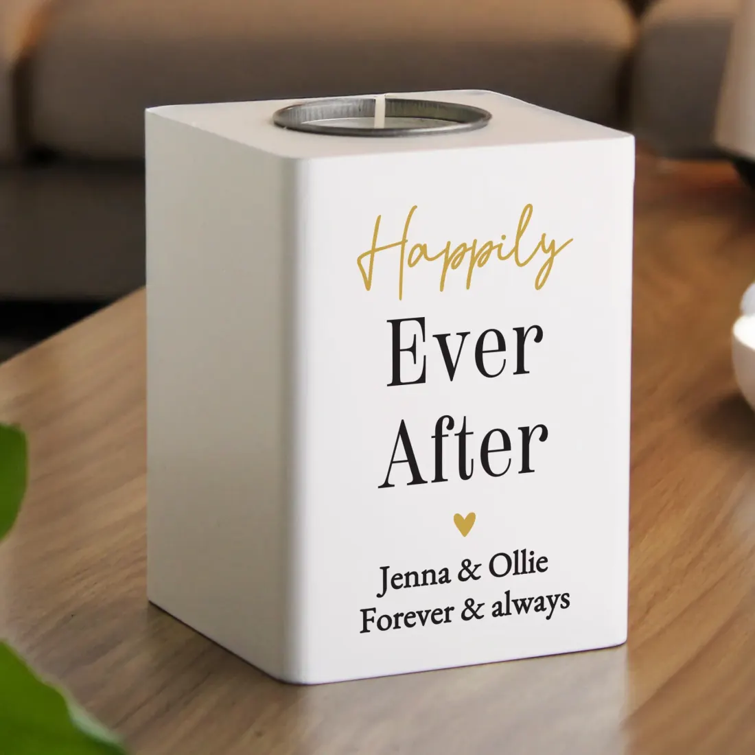 Personalised White Wooden Tealight Holder, Black Gold Design, Custom Text Gift — photo 3