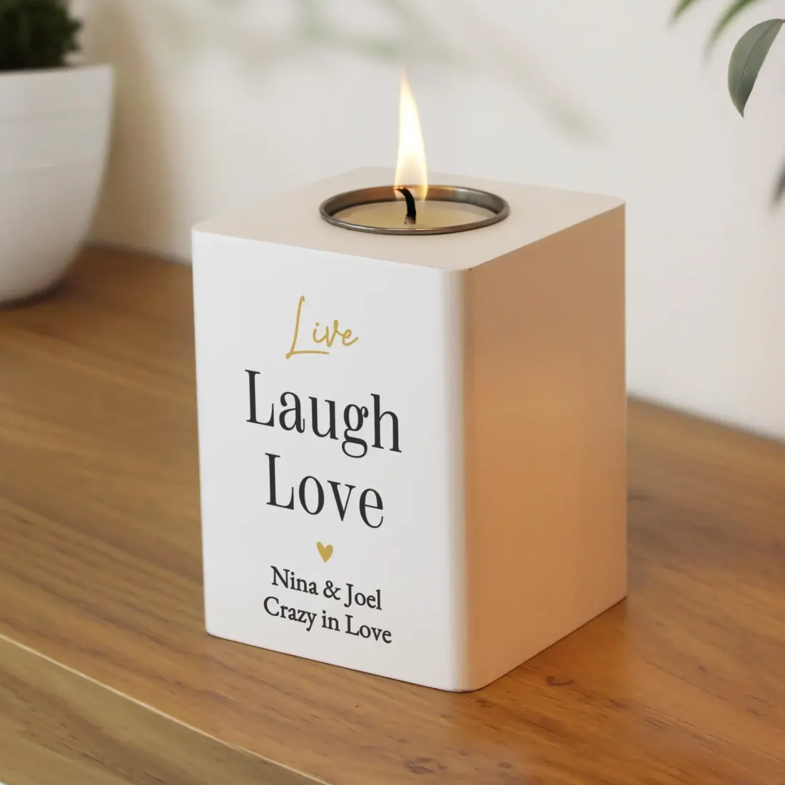 Personalised White Wooden Tealight Holder, Black Gold Design, Custom Text Gift — photo 4