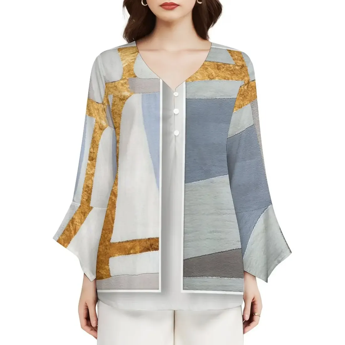 Women's V-Neck Petal Sleeve Blouse