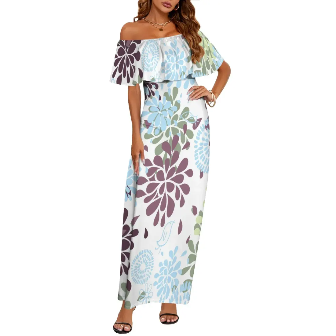 Women's Off Shoulder Ruffle Boat Neck Dress (Model D71) — photo 2