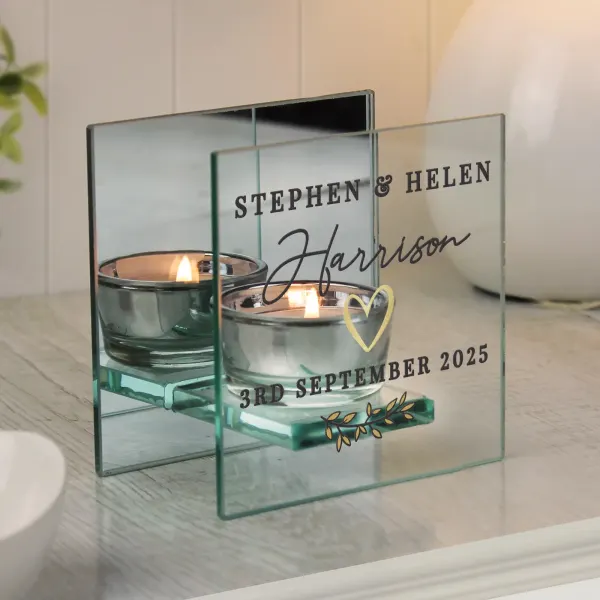 Personalised Wedding Mirrored Tealight Holder, Mr & Mrs Glass Candle Gift with Name and Date