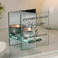 Personalised Wedding Mirrored Tealight Holder, Mr & Mrs Glass Candle Gift with Name and Date thumbnail 1