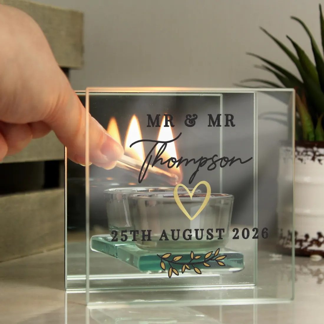 Personalised Wedding Mirrored Tealight Holder, Mr & Mrs Glass Candle Gift with Name and Date — photo 3