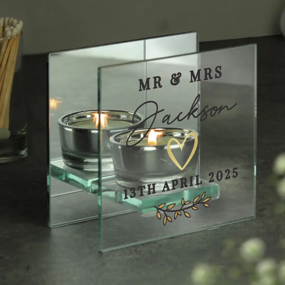 Personalised Wedding Mirrored Tealight Holder, Mr & Mrs Glass Candle Gift with Name and Date — photo 4