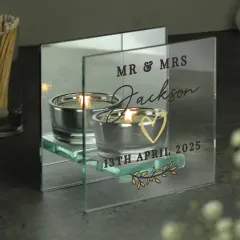 Personalised Wedding Mirrored Tealight Holder, Mr & Mrs Glass Candle Gift with Name and Date thumbnail 4