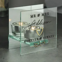 Personalised Wedding Mirrored Tealight Holder, Mr & Mrs Glass Candle Gift with Name and Date thumbnail 5