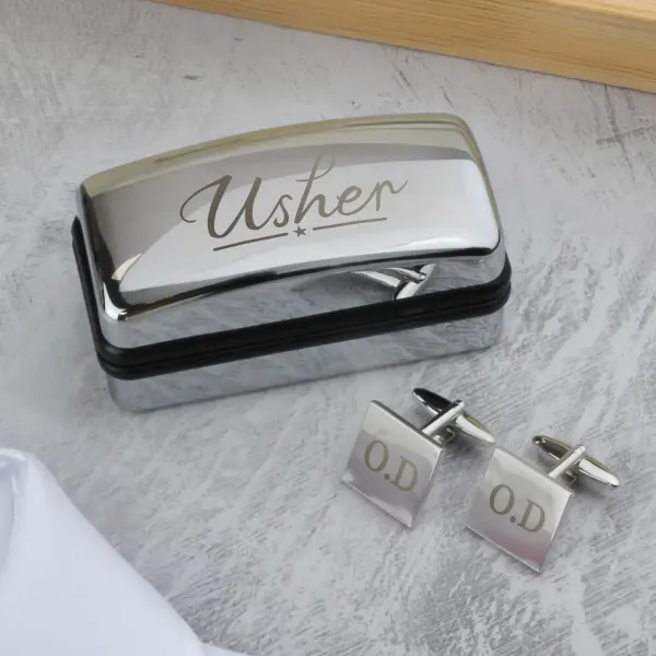 Custom Usher Wedding Cufflinks and Box Set, Engraved Initials Chrome Gift for Him