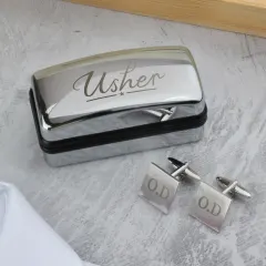 Custom Usher Wedding Cufflinks and Box Set, Engraved Initials Chrome Gift for Him thumbnail 1