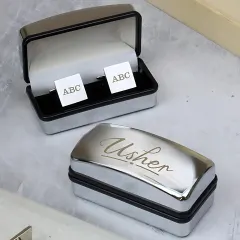 Custom Usher Wedding Cufflinks and Box Set, Engraved Initials Chrome Gift for Him thumbnail 2