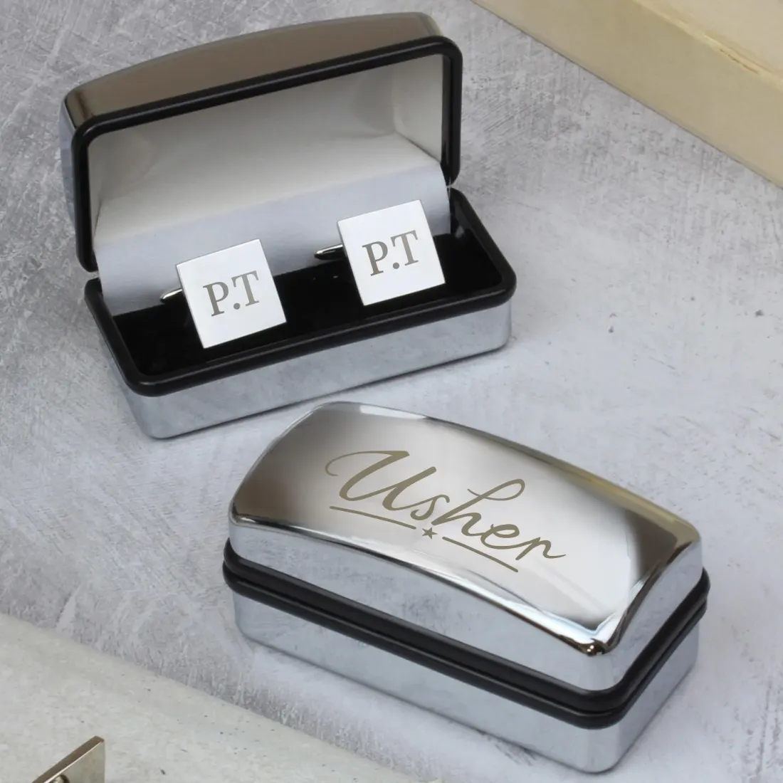 Custom Usher Wedding Cufflinks and Box Set, Engraved Initials Chrome Gift for Him — photo 3