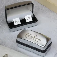Custom Usher Wedding Cufflinks and Box Set, Engraved Initials Chrome Gift for Him thumbnail 3