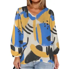 Women's Loose V-Neck Long Puff Sleeve Top (Model H70) thumbnail 1