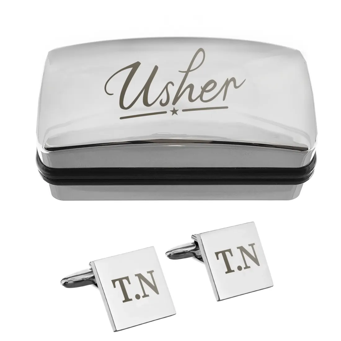Custom Usher Wedding Cufflinks and Box Set, Engraved Initials Chrome Gift for Him — photo 4