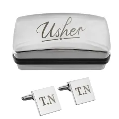 Custom Usher Wedding Cufflinks and Box Set, Engraved Initials Chrome Gift for Him thumbnail 4