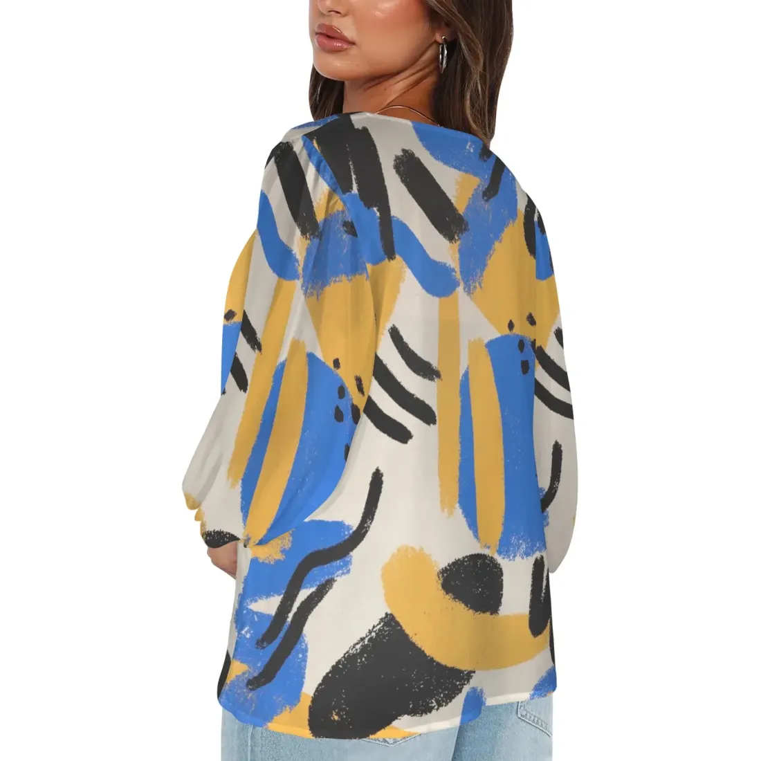 Women's Loose V-Neck Long Puff Sleeve Top (Model H70) — photo 3