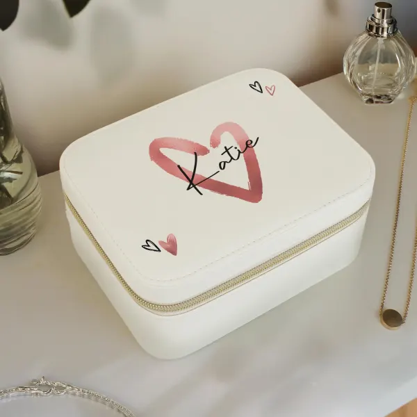 Personalised Heart Travel Jewellery Box, Custom Name Faux Leather Case, Gift for Her UK