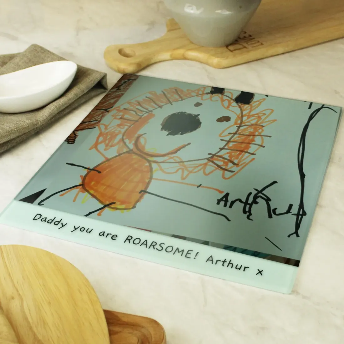 Personalised Childrens Drawing Glass Chopping Board, Photo Upload Worktop Saver Gift