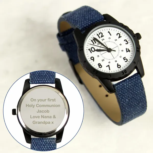 Personalised Boys Watch, Black Case Blue Canvas Strap, Engraved Back Page Boy Gift