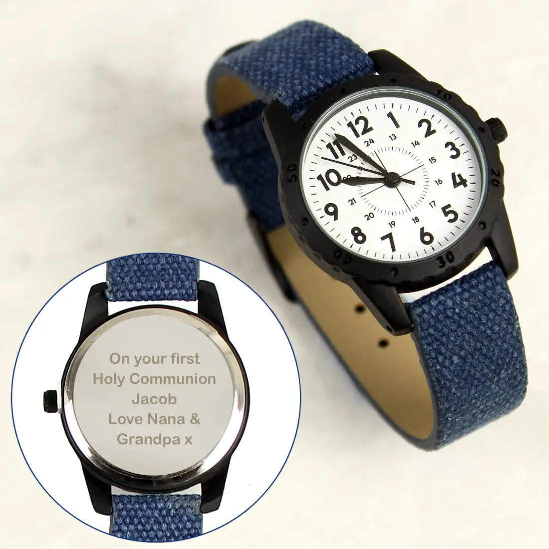 Personalised Boys Watch, Black Case Blue Canvas Strap, Engraved Back Page Boy Gift