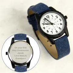 Personalised Boys Watch, Black Case Blue Canvas Strap, Engraved Back Page Boy Gift thumbnail 1