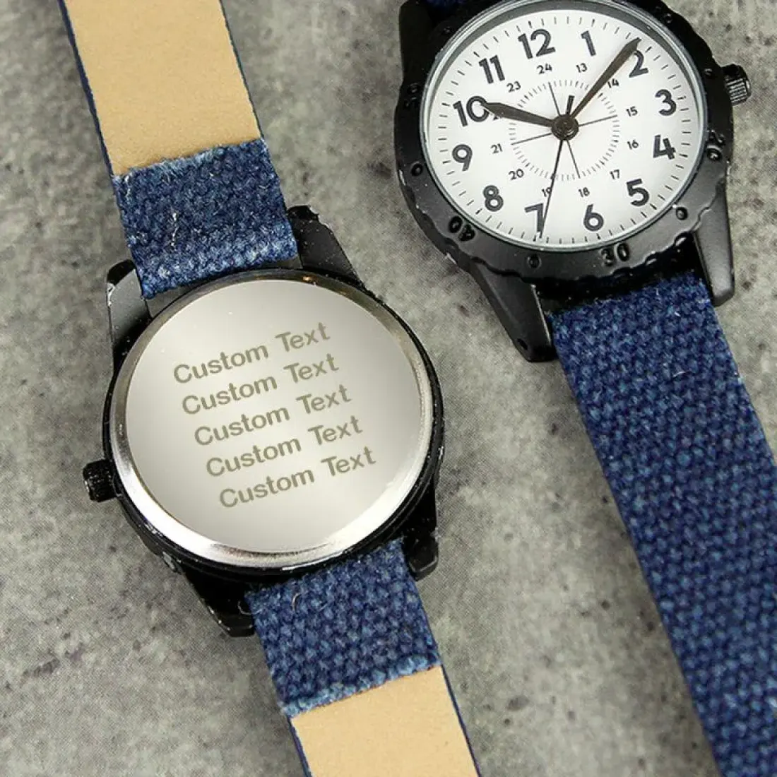 Personalised Boys Watch, Black Case Blue Canvas Strap, Engraved Back Page Boy Gift — photo 2