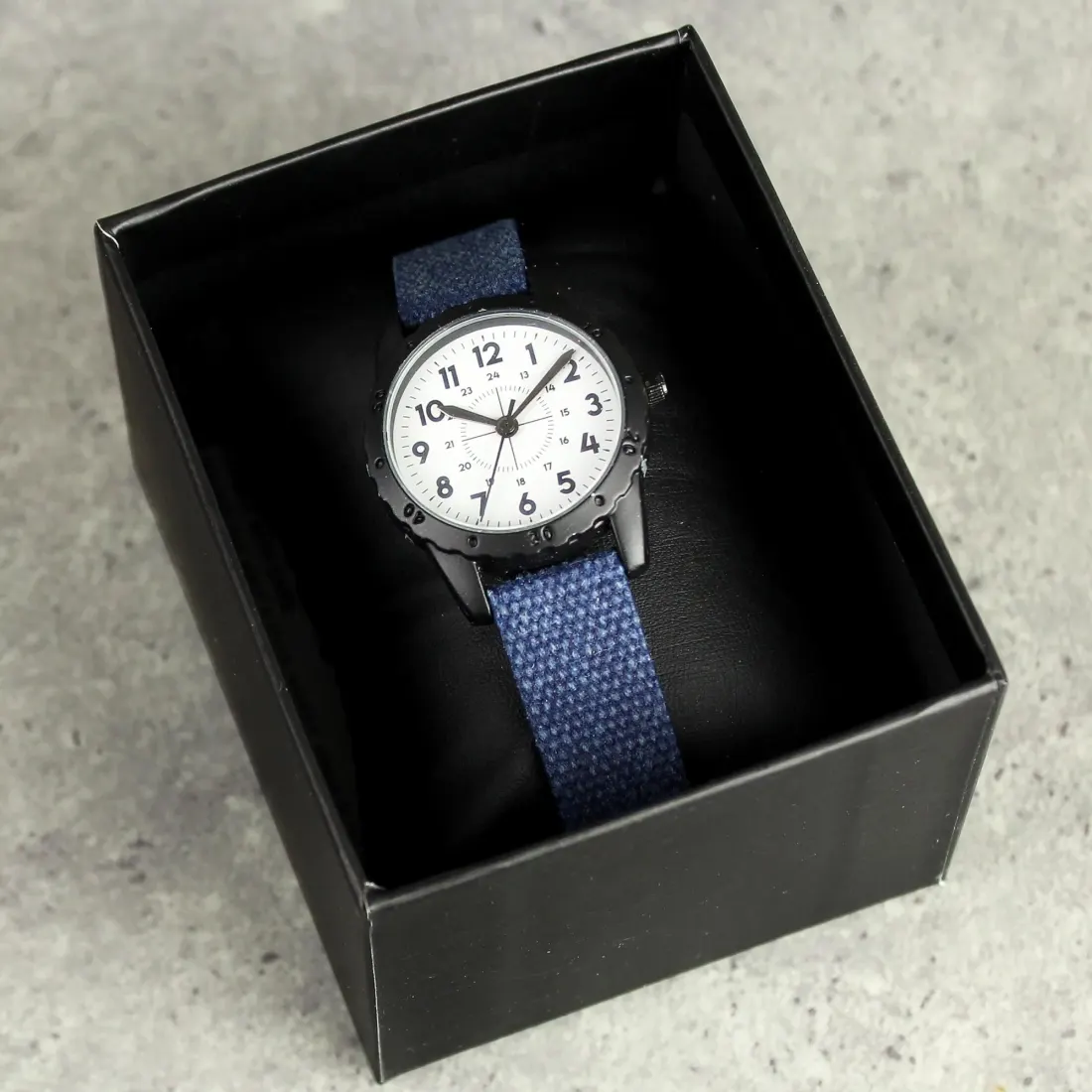 Personalised Boys Watch, Black Case Blue Canvas Strap, Engraved Back Page Boy Gift — photo 4