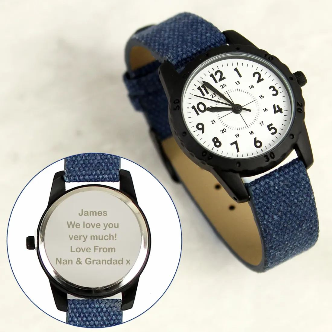Personalised Boys Watch, Black Case Blue Canvas Strap, Engraved Back Page Boy Gift — photo 5