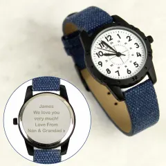 Personalised Boys Watch, Black Case Blue Canvas Strap, Engraved Back Page Boy Gift thumbnail 5