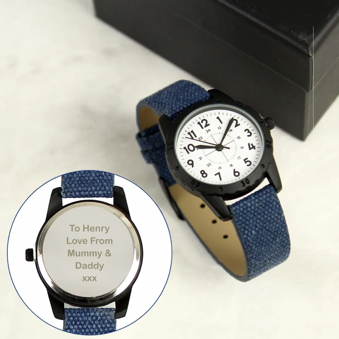 Personalised Boys Watch, Black Case Blue Canvas Strap, Engraved Back Page Boy Gift — photo 6