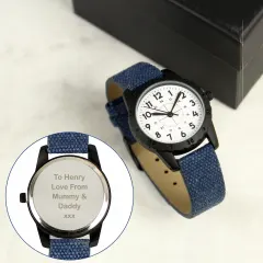 Personalised Boys Watch, Black Case Blue Canvas Strap, Engraved Back Page Boy Gift thumbnail 6