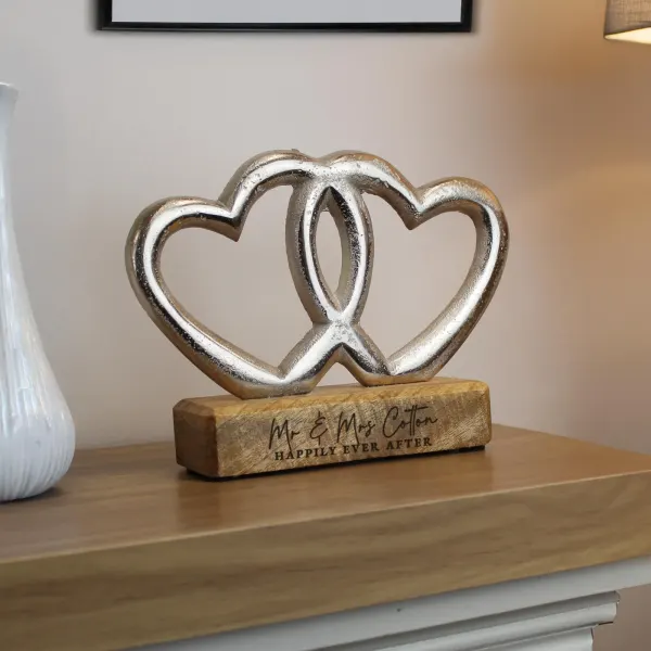 Personalised Double Heart Ornament, Two Line Engraved Wooden Base, Custom Couples Gift UK