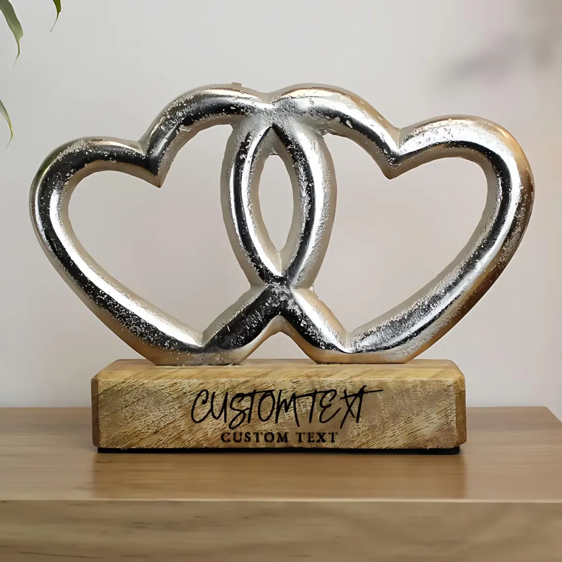 Personalised Double Heart Ornament, Two Line Engraved Wooden Base, Custom Couples Gift UK — photo 2