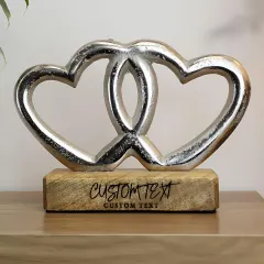 Personalised Double Heart Ornament, Two Line Engraved Wooden Base, Custom Couples Gift UK thumbnail 2
