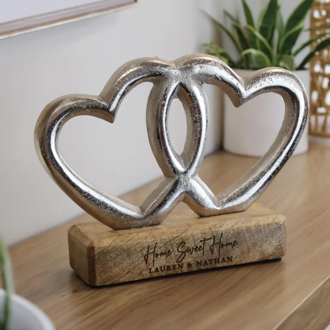 Personalised Double Heart Ornament, Two Line Engraved Wooden Base, Custom Couples Gift UK — photo 3