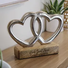 Personalised Double Heart Ornament, Two Line Engraved Wooden Base, Custom Couples Gift UK thumbnail 3