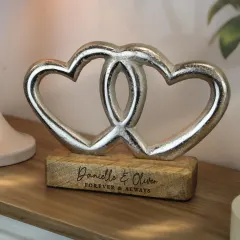 Personalised Double Heart Ornament, Two Line Engraved Wooden Base, Custom Couples Gift UK thumbnail 4