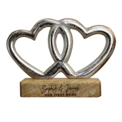 Personalised Double Heart Ornament, Two Line Engraved Wooden Base, Custom Couples Gift UK thumbnail 5