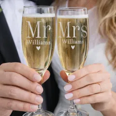 Personalised Mr & Mrs Champagne Flute Pair, Engraved Wedding Glasses, Custom Name Gift thumbnail 1
