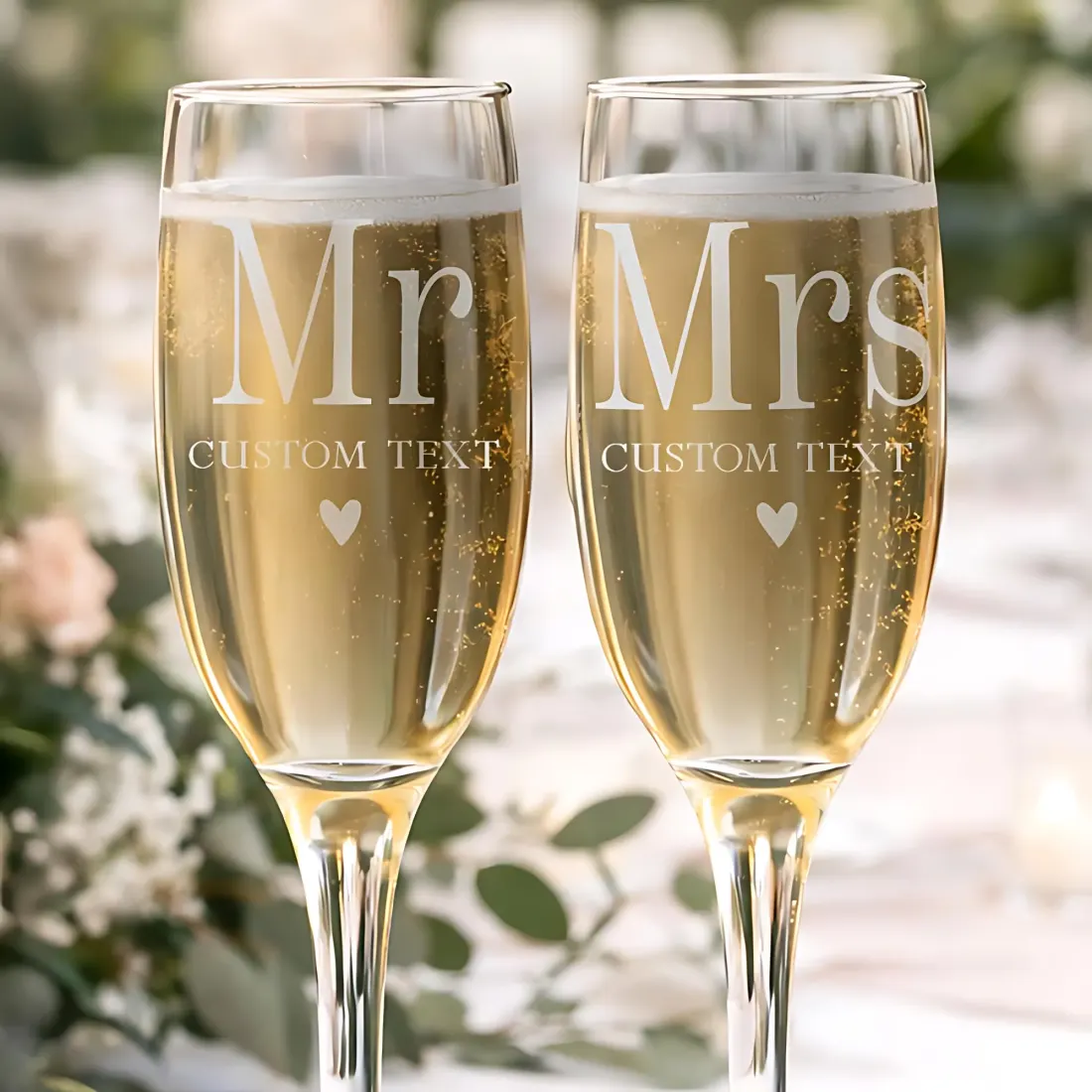 Personalised Mr & Mrs Champagne Flute Pair, Engraved Wedding Glasses, Custom Name Gift — photo 2