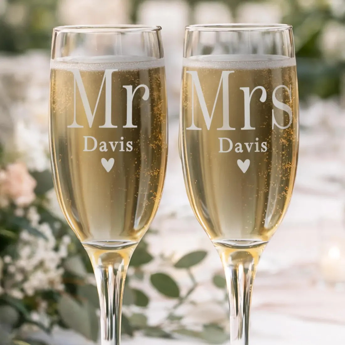 Personalised Mr & Mrs Champagne Flute Pair, Engraved Wedding Glasses, Custom Name Gift — photo 3
