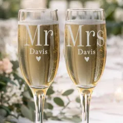 Personalised Mr & Mrs Champagne Flute Pair, Engraved Wedding Glasses, Custom Name Gift thumbnail 3