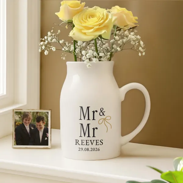 Personalised Mr & Mr Ceramic Jug Vase, Black Gold Wedding Gift