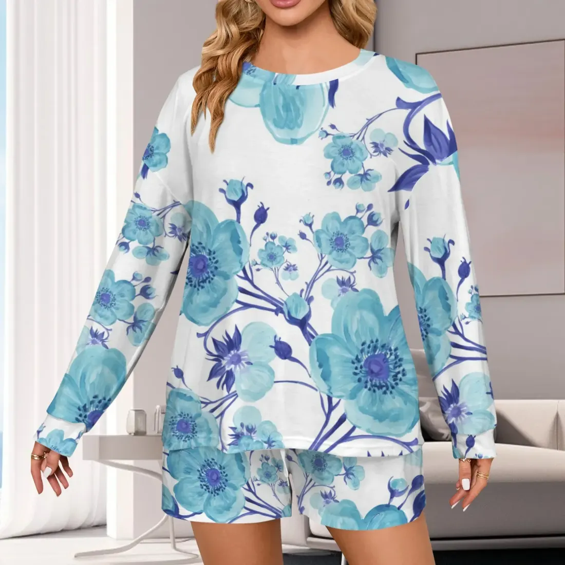 Long Sleeve & Lace-up Shorts Pajama Sets — photo 2
